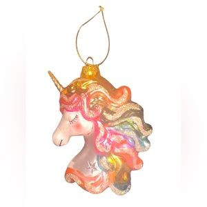 Holiday Home Glass Hand Painted Rainbow Glitter Unicorn Ornament EUC